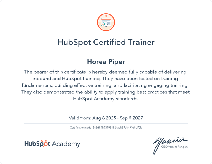 HubSpot Certified Trainer: Horea Piper, Automation & Development Director la Beans United